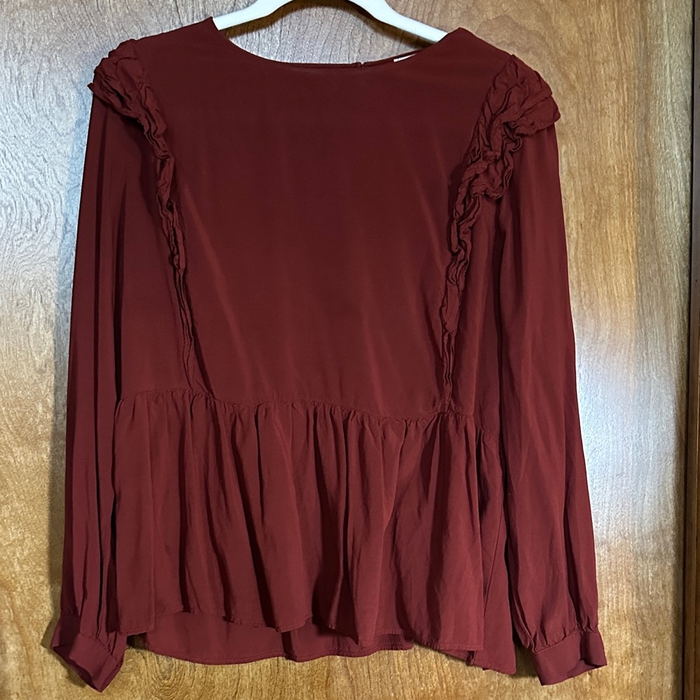 LOFT Women's Deep Red Ruffle Blouse